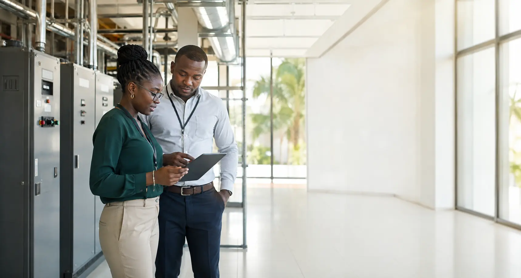Professionnels analysant les installations d’un bâtiment tertiaire